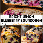 Golden loaf of Lemon Blueberry Sourdough Bread with blueberry mix ins and a light citrus glaze. 26